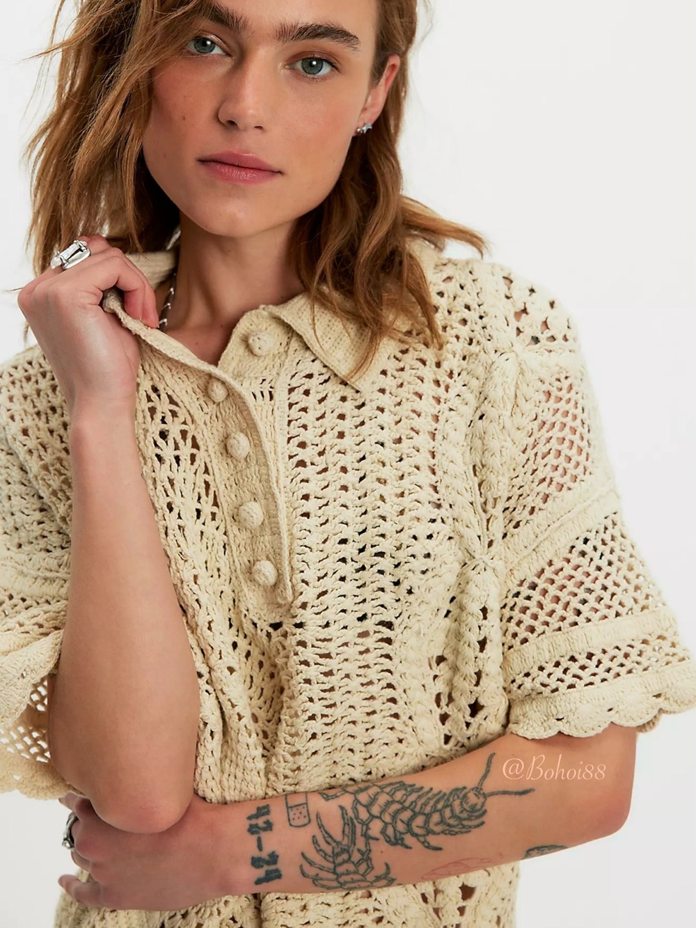 NWT Free People We The Free Dahlia Crochet Polo Sweater